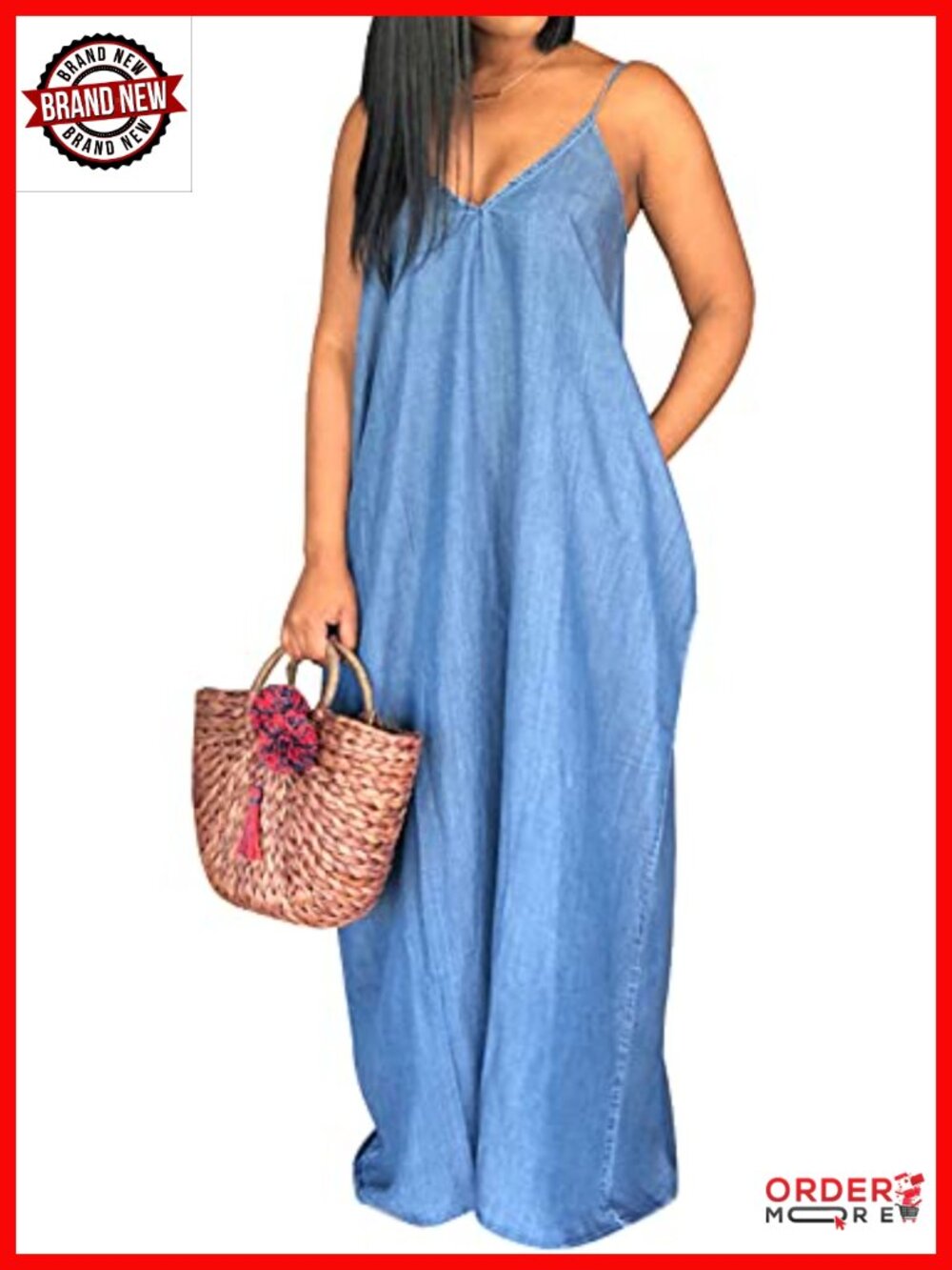 Spaghetti Strap Striped Maxi Denim Dress with Pockets S-3X